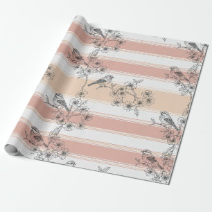 Pfirsichstreifen Blumenmuster Vogel Elegant (3) Geschenkpapier