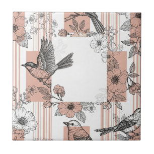 Pfirsichstreifen Blumenmuster Vogel Elegant (5) Fliese