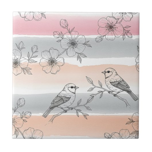 Pfirsichstreifen Blumenmuster Vogel Elegant (6) Fliese (Vorderseite)