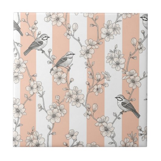 Pfirsichstreifen Blumenmuster Vogel Elegant (8) Fliese (Vorderseite)