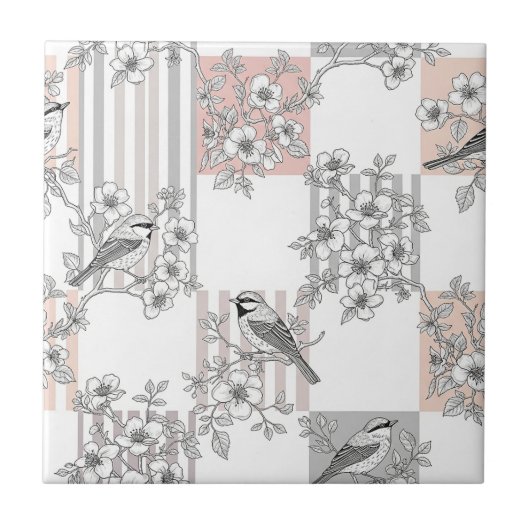 Pfirsichstreifen Blumenmuster Vogel Elegant (9) Fliese (Vorderseite)