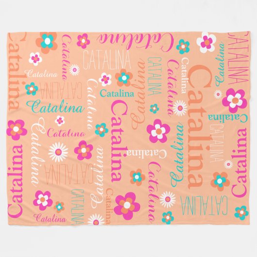 Pfirsichweißes Aqua Blume und Namensschild Fleecedecke (Vorderseite (Horizontal))