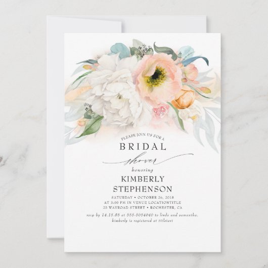 Pfirsichweißes und rosafarbenes Bohemisches Brautp Einladung (Vorderseite)