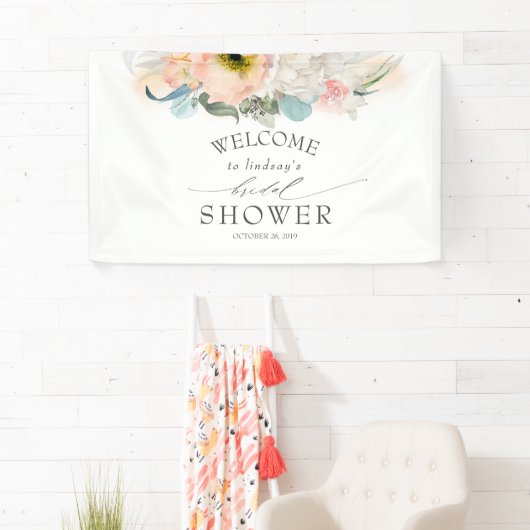 Pfirsichweißes und rosafarbenes Brautparty Banner (Insitu)