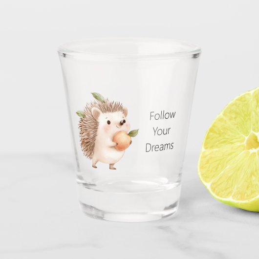 Pfirsig-Igel grüne Blätter Träume Schnapsglas (Vorderseite)