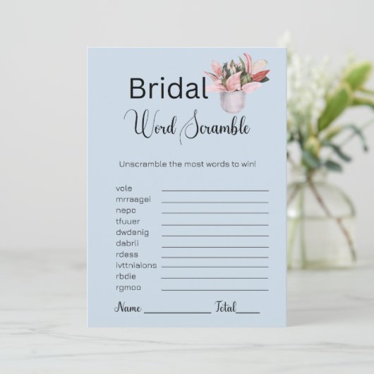 Pflanze Bridal Blue Word Scramble Game Einladung (Stehend Vorderseite)