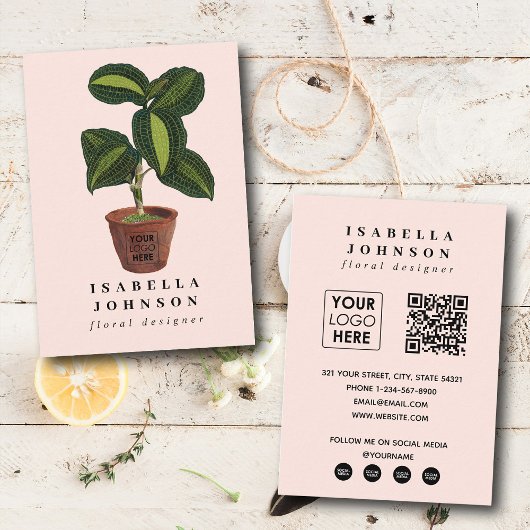 Pflanze Florist Logo Pink QR Code Social Media Visitenkarte