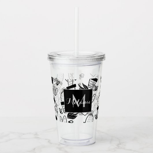 Pflanze Kakteen Doodles Handzeichenname Monogramm Acryltrinkbecher (Vorderseite)