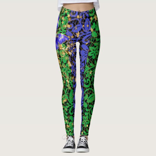 Pflanze Muster A06.b w Butterfly Blk BG Leggings (Vorderseite)