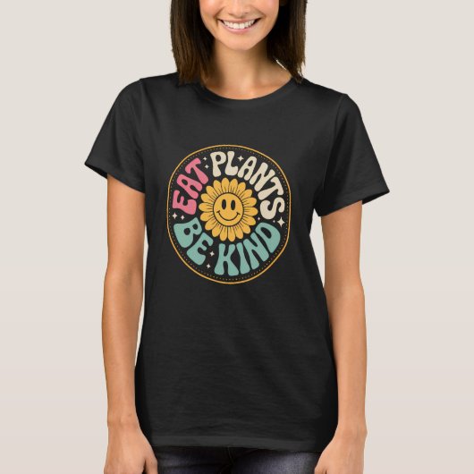 Pflanzen Essen Sei Freundlich Retro Vegan Sonnenbl T-Shirt (Vorderseite)