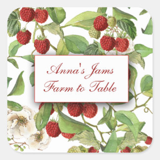 Pflanzliche Himbeeren auf dem White Food Label Quadratischer Aufkleber