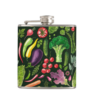 Pflanzliche und Kräuter Gartenernte auf schwarz Flachmann