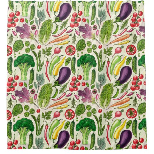 Pflanzliche und pflanzliche Gartenernte auf weißem Duschvorhang (Vorderseite)