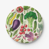 Pflanzliche und pflanzliche Gartenernte auf weißem Pappteller (Vorderseite)