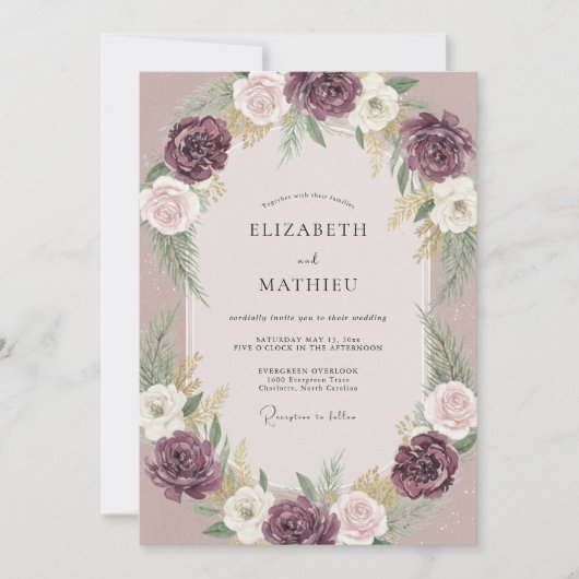 Pflaume Exquisite Winterhochzeit Einladung (Vorderseite)