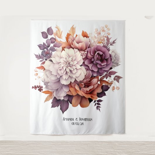 Pflaume, Grau, Kupfer und Dusty Rose Blumenhochzei Wandteppich (Vorderseite)