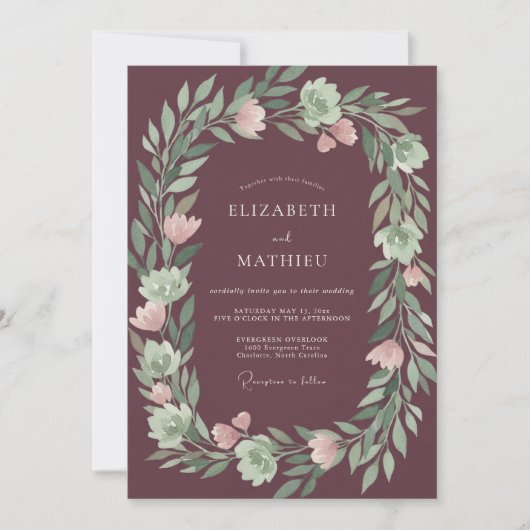 Pflaume Grüne Florale Hochzeit Einladung (Vorderseite)