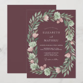 Pflaume Grüne Florale Hochzeit Einladung (Vorne/Hinten)