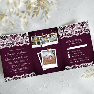 Pflaume Holz Land Lace Foto Collage Hochzeit Dreifach Gefaltete Einladung
