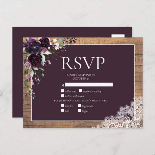 Pflaume Lila Blumenzange Rustikale Hochzeit RSVP Einladungspostkarte (Vorne/Hinten)