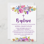 Pflaume Lila Pink & Blue Blumen Taufe Einladung (Vorderseite)