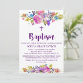 Pflaume Lila Pink & Blue Blumen Taufe Einladung (Stehend Vorderseite)