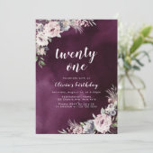 Pflaume lila & staubige rosa boho florale 21. Gebu Einladung (Stehend Vorderseite)