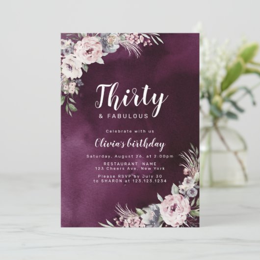 Pflaume lila & staubige rosa boho florale 30. Gebu Einladung (Stehend Vorderseite)