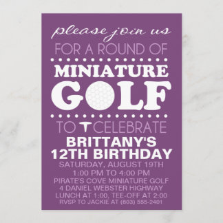 Pflaume Lila T-Shirt Time Miniatur Golf Geburtstag Einladung