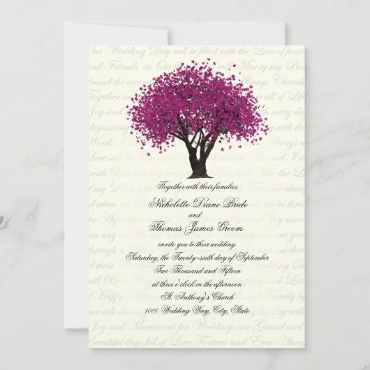 Pflaume Lila Tree Dancing Blooms Wedding Einladung (Vorderseite)