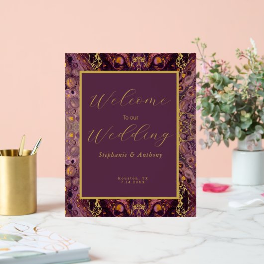Pflaume Lila und Goldmarmor Acrylschild (Hochzeit)