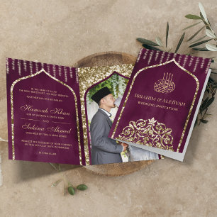 Pflaume Lila Vintage Gold Islamischer Bogen Hochze Einladung