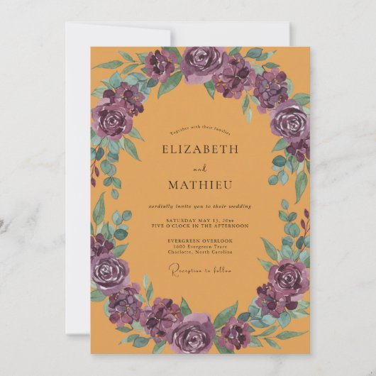 Pflaume-Ocker-Blüten-Hochzeit Einladung (Vorderseite)