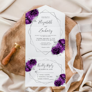 Pflaume Silber Blumen Geometrisch Weiße Hochzeit All In One Einladung