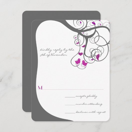 Pflaume Tree Wirbel Love Birds Wedding Einladung (Vorne/Hinten)