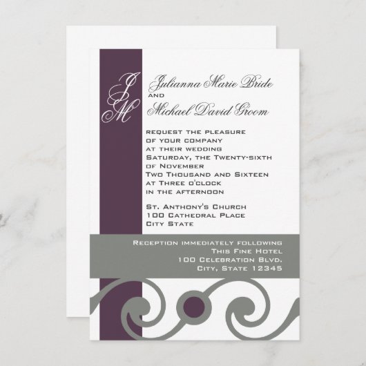 Pflaume und graue Scroll Einladung (Vorne/Hinten)