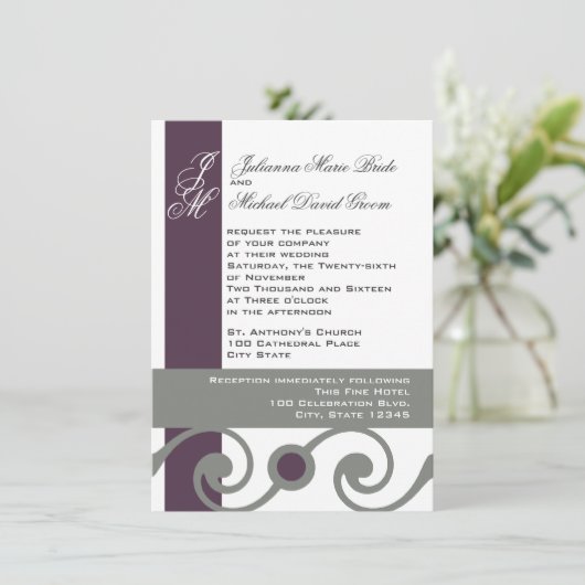 Pflaume und graue Scroll Einladung (Stehend Vorderseite)