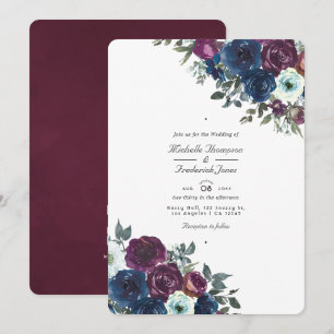 Pflaume und Marine-Blumen-QR-Code-RSVP-Hochzeit Einladung