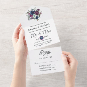 Pflaume und Marine Blumenhochzeit All In One Einladung