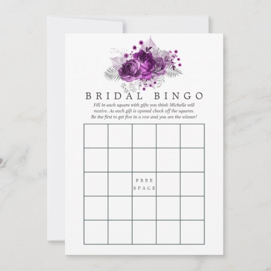 Pflaume und Navy Wasserfarbe Blumenbridal Bingo (Vorderseite)