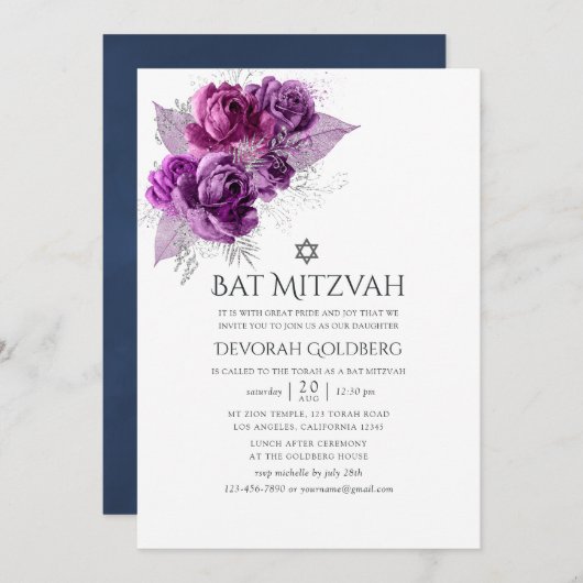 Pflaume und Navy Wasserfarben Floral Bat Mitzvah Einladung (Vorne/Hinten)