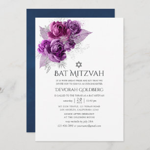 Pflaume und Navy Wasserfarben Floral Bat Mitzvah Einladung