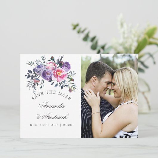 Pflaume und rosa Blumenzehen speichern das Datum Save The Date (Stehend Vorderseite)