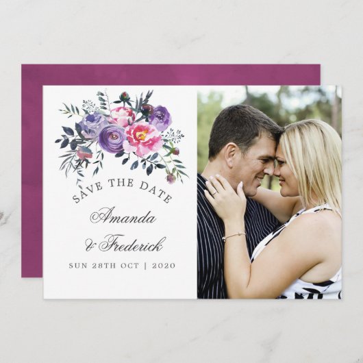 Pflaume und rosa Blumenzehen speichern das Datum Save The Date (Vorne/Hinten)