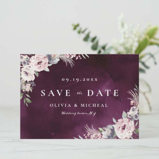 Pflaume und staubige rosa, rustikale boho, blühend save the date (Stehend Vorderseite)