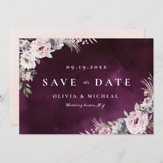 Pflaume und staubige rosa, rustikale boho, blühend save the date (Vorne/Hinten)