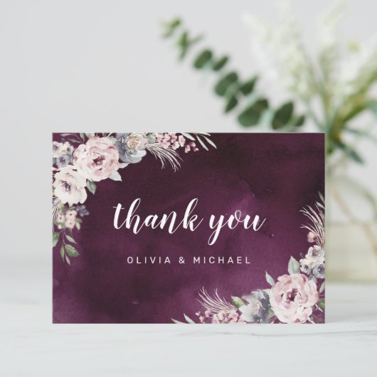 Pflaume und staubige rosa rustikale boho floral vi dankeskarte (Stehend Vorderseite)