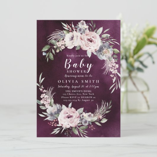 Pflaume und staubige, rosafarbene, blühende Babydu Einladung (Stehend Vorderseite)