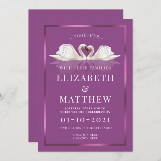 Pflaume und Weiß-Thema mit Schwänen Einladung (Vorne/Hinten)