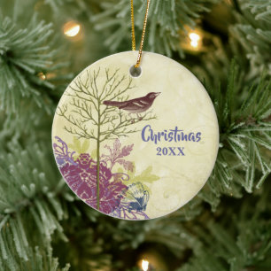 Pflaume Vintage Vogel Weihnachten Paare Foto Ornam Keramik Ornament